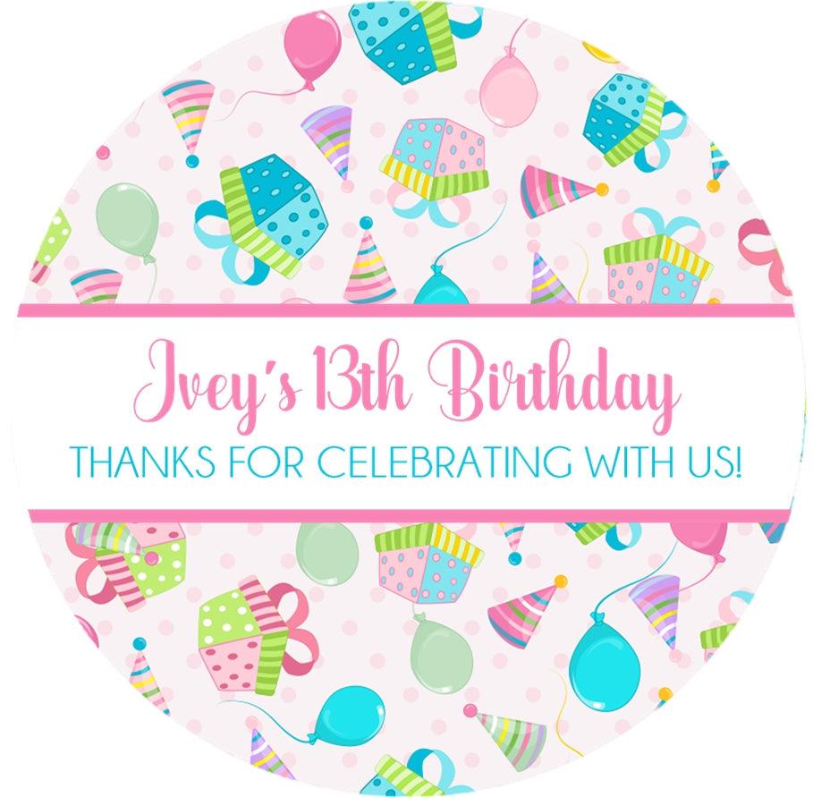 Birthday party favor stickers with pink polka dot present pattern