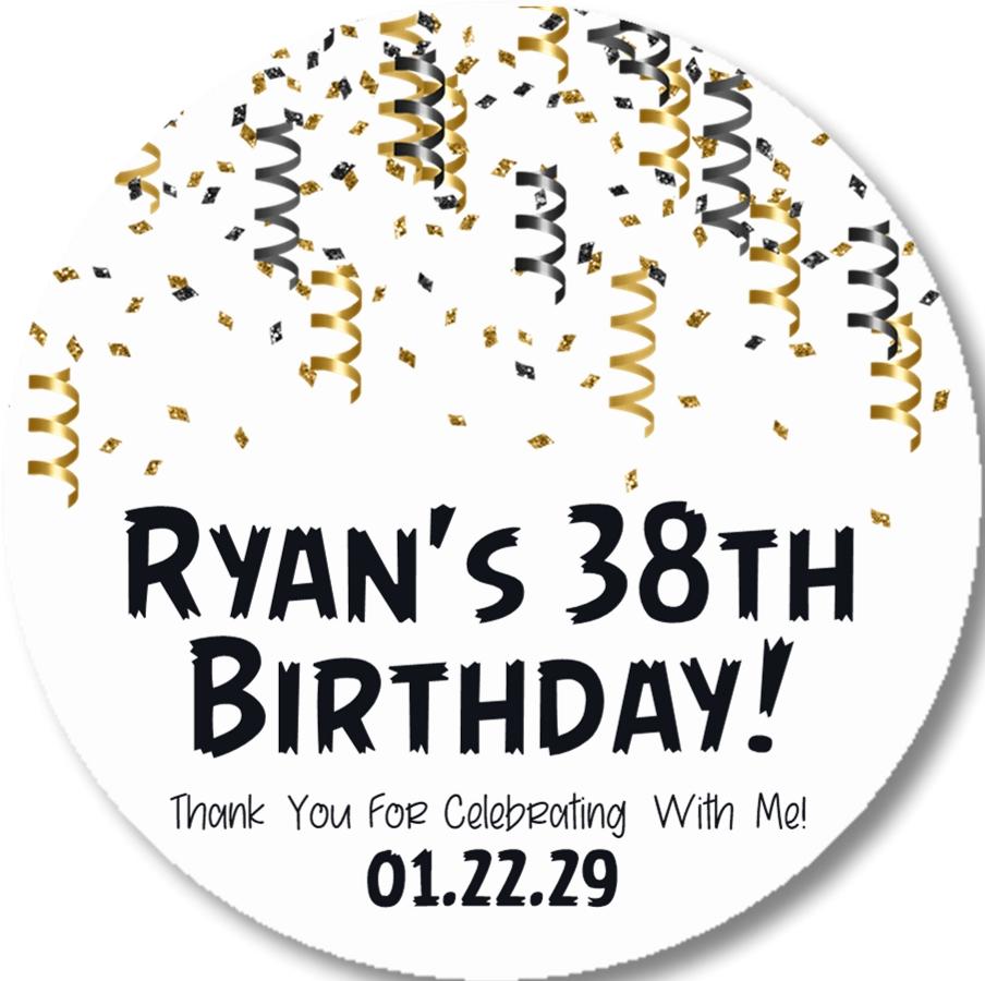 Black gold and silver confetti birthday sticker