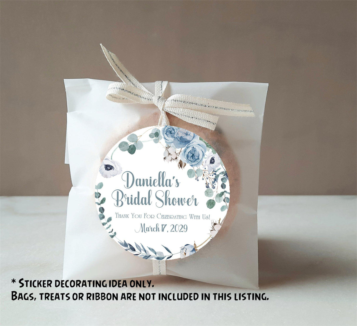 Blue And White Floral Bridal Shower Stickers Or Favor Tags
