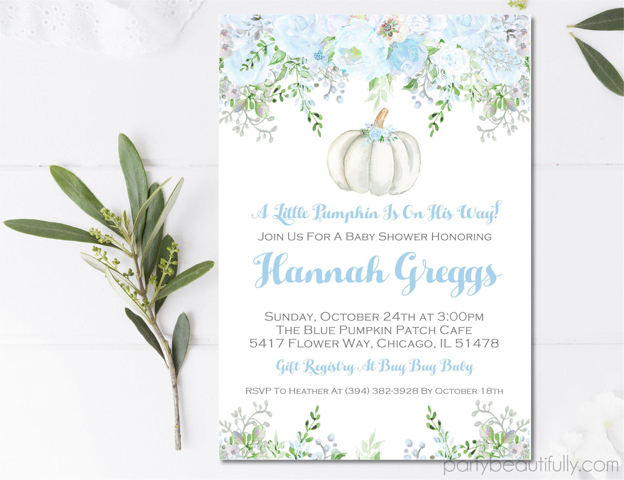 Blue Fall Pumpkin Baby Shower Invitations