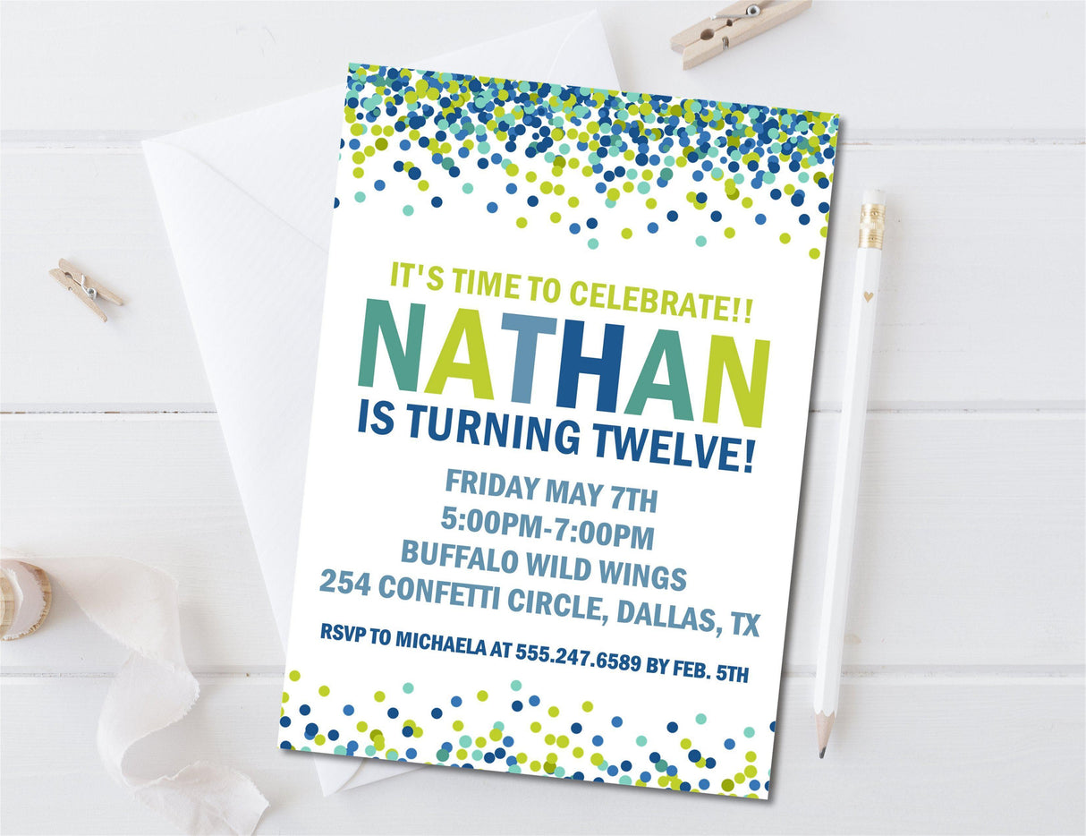 Blue, Green And Yellow Confetti Birthday Party Invitations