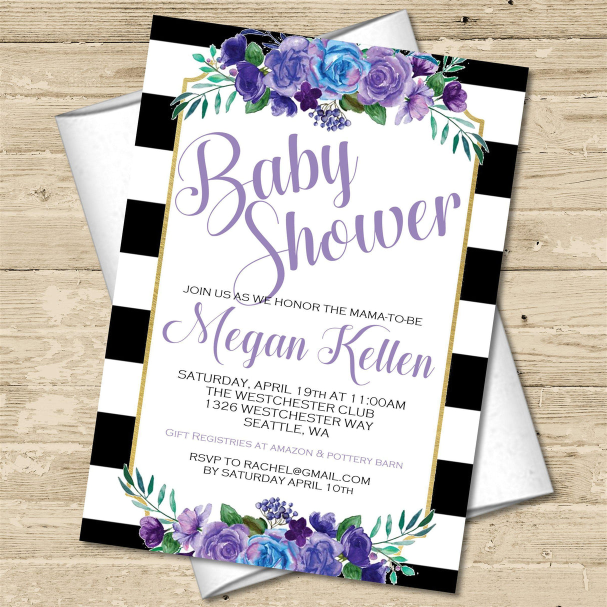 Blue & Purple Floral Baby Shower Invitations