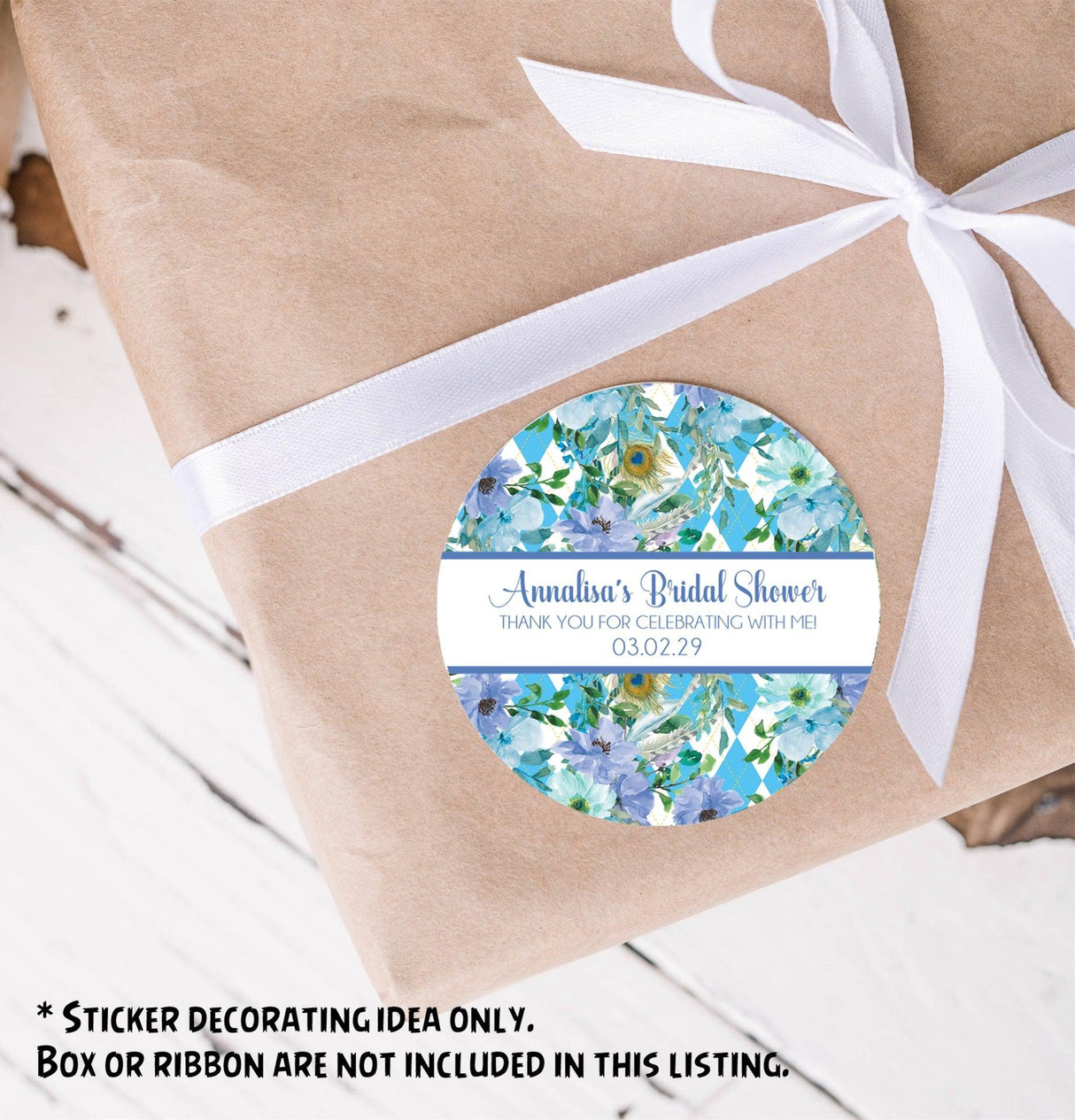 Round bridal shower stickers for treat bags with floral wreath