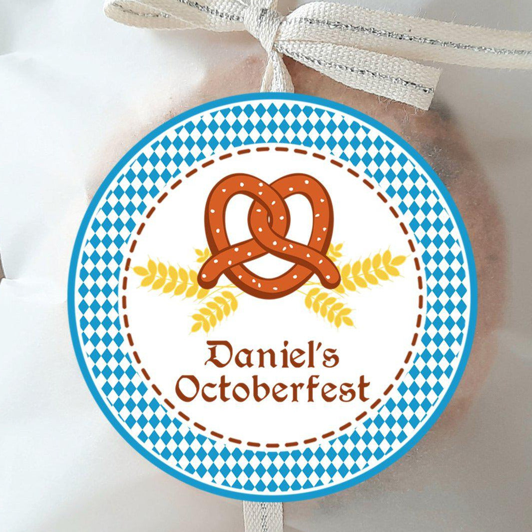 Blue Oktoberfest themed birthday sticker with custom name
