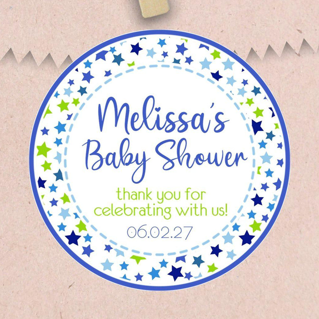 Blue and green Starry Sky baby shower stickers.