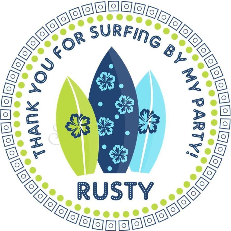 Blue and green surfboard birthday party sticker