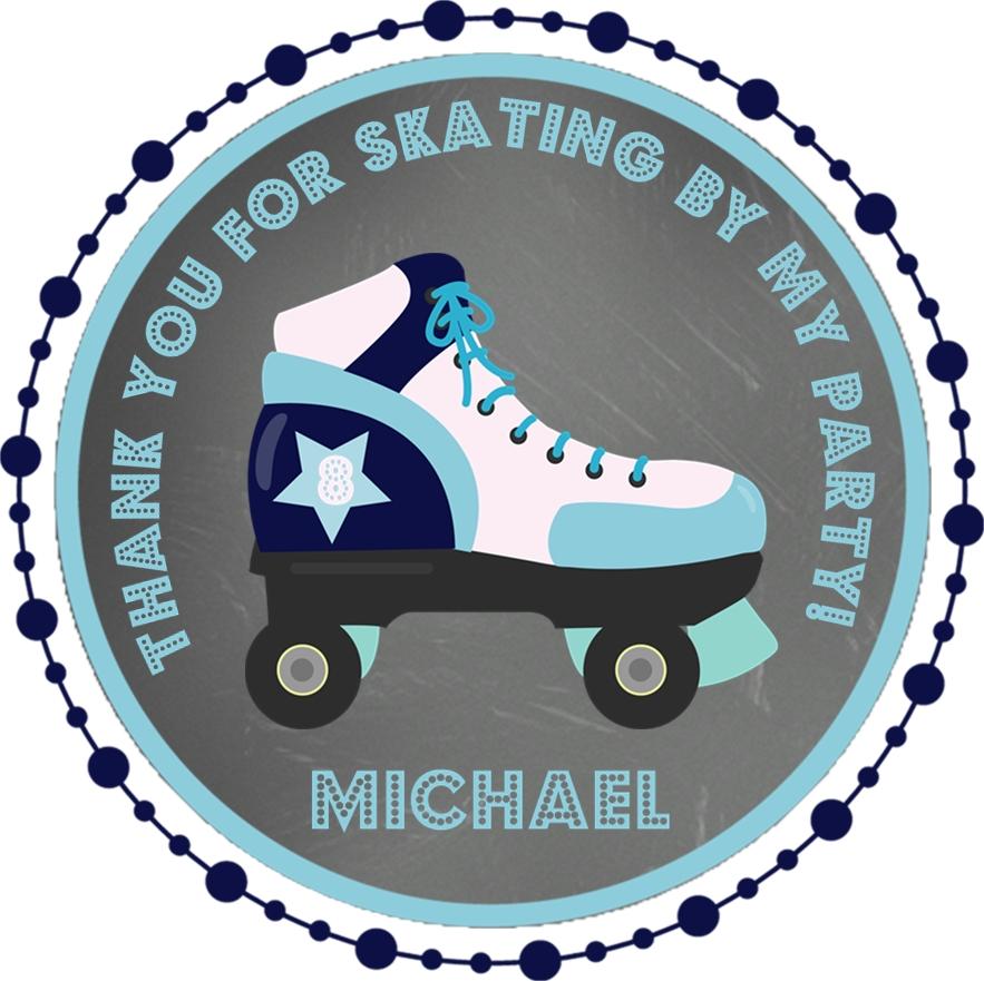 Blue and turquoise roller skating birthday sticker with personalized name