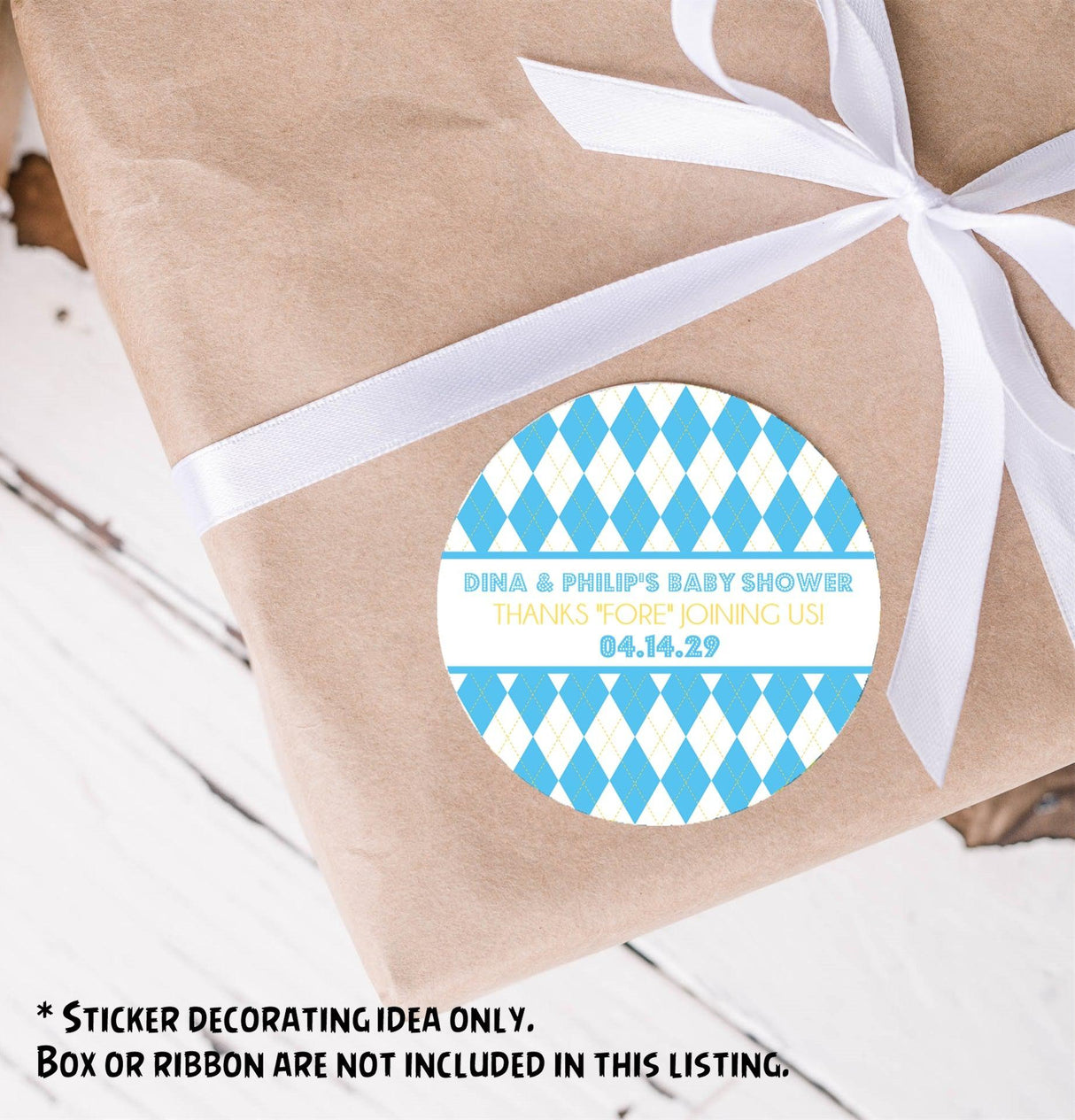 Blue and yellow argyle pattern baby shower thank-you sticker.