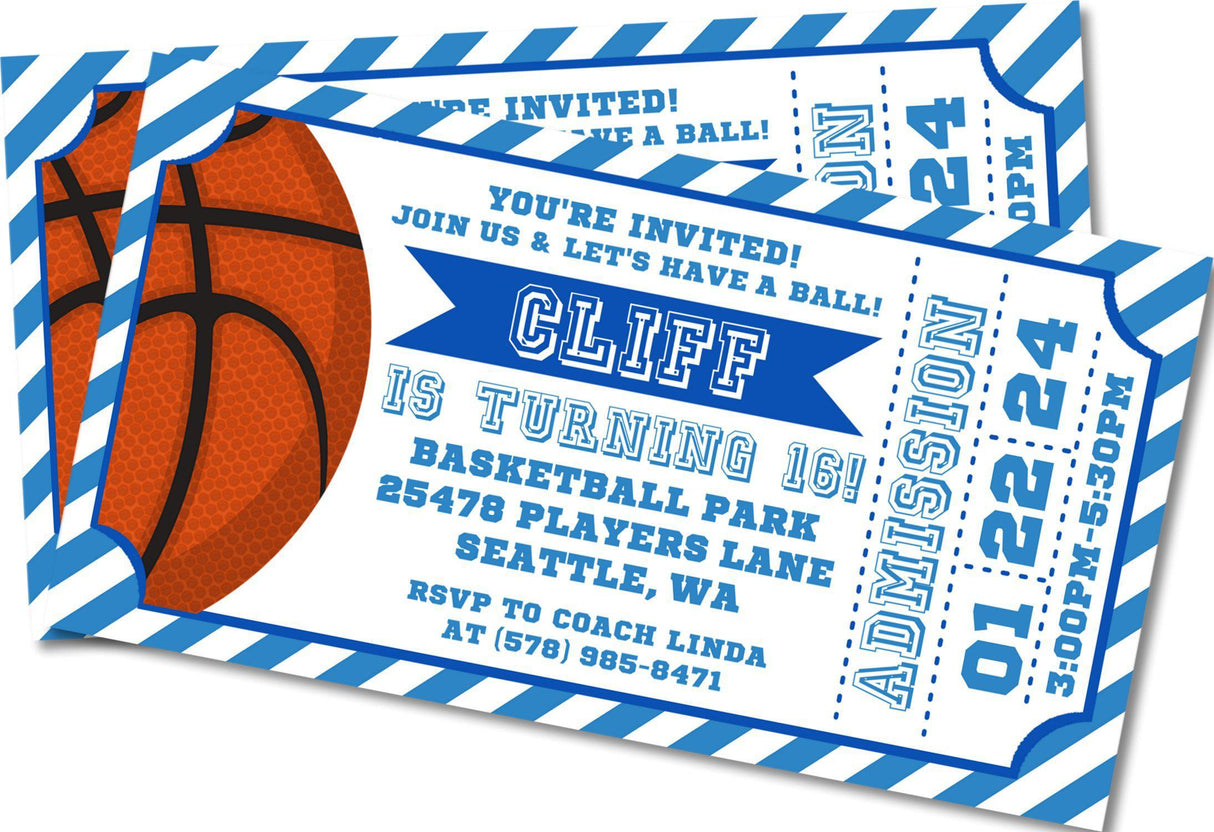 Blue basketball birthday party invitation