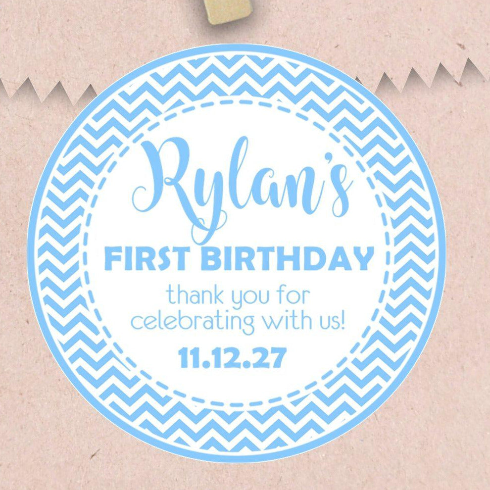 Blue chevron first birthday sticker with personalized name