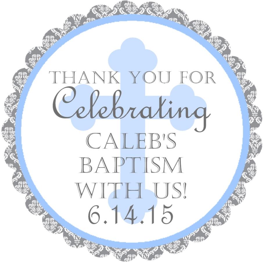 Blue damask Baptism sticker with scalloped edge