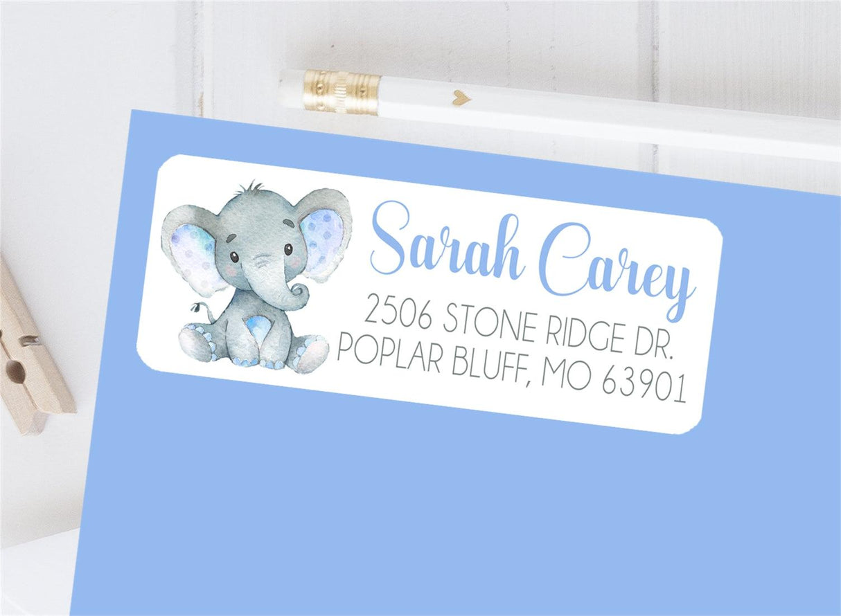 Blue elephant address labels with watercolor baby elephant