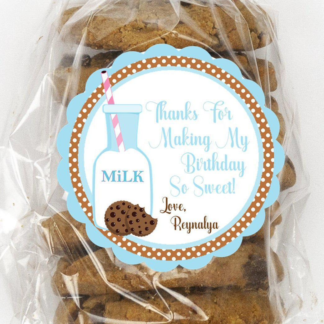 Blue milk and cookies birthday sticker with personalized name