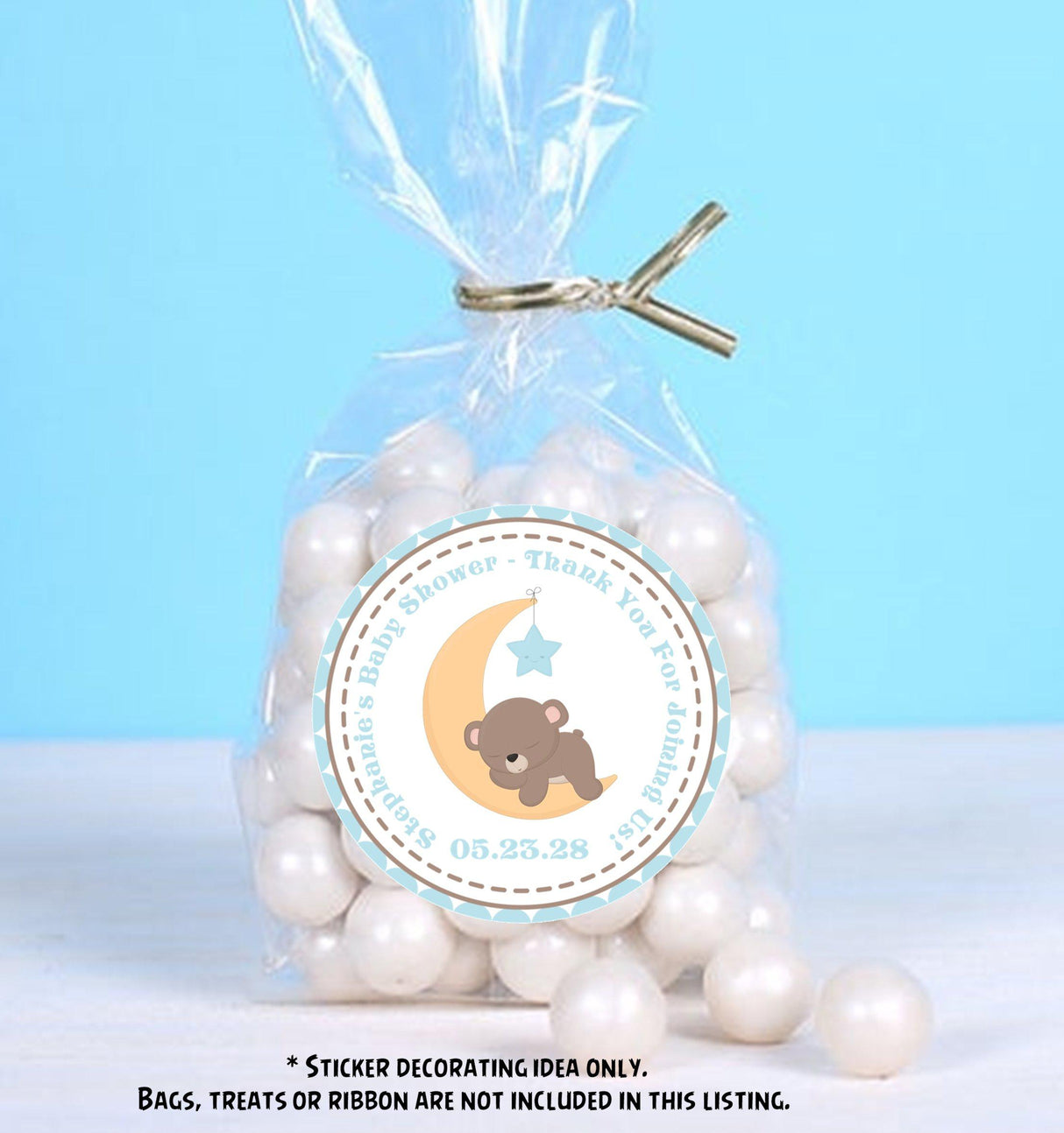 Blue sleepy bear baby shower sticker with moon and hanging star