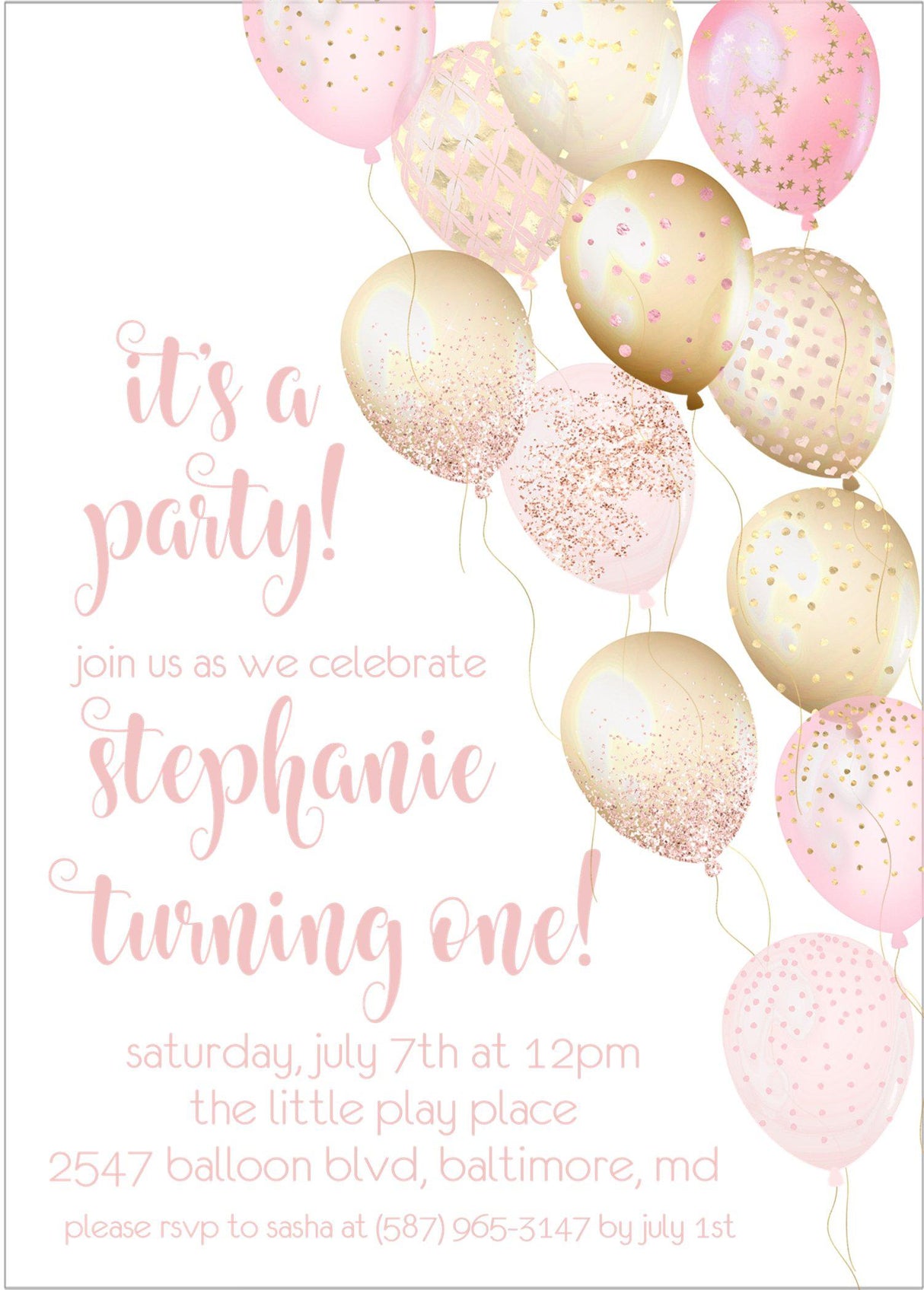 Blush Pink And Gold Balloon Birthday Party Invitations