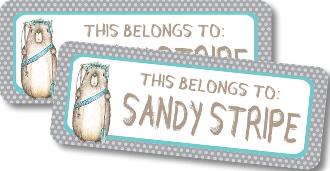 Boho beaver back to school name label with neutral and teal tones