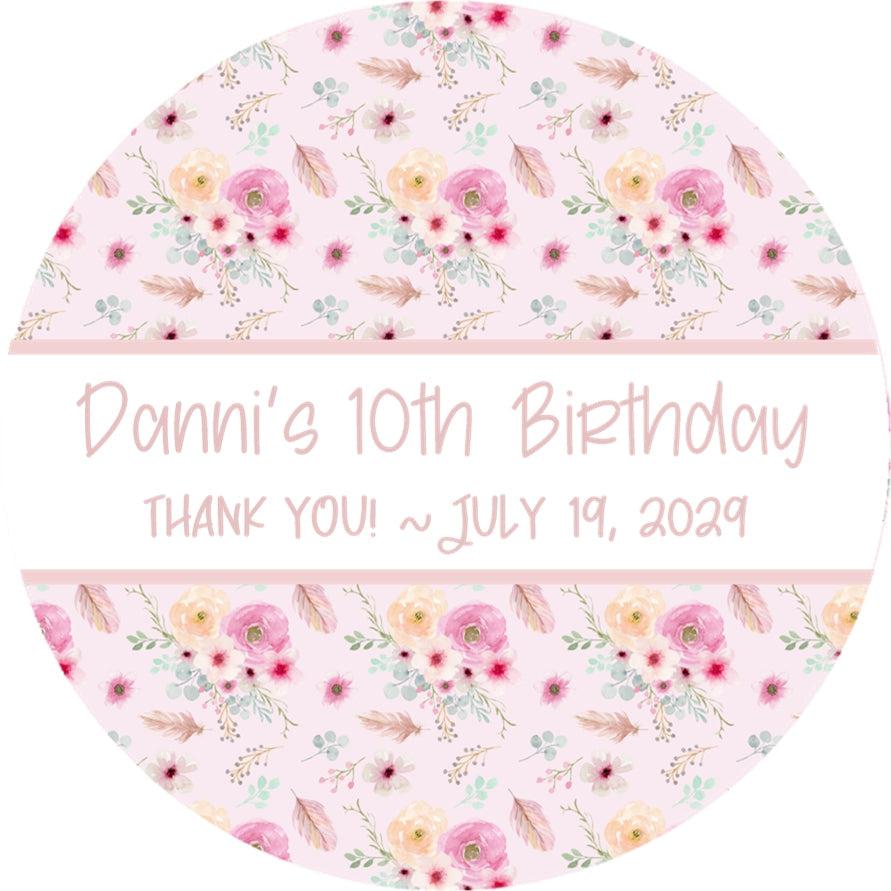 Boho birthday party label with soft pastel florals