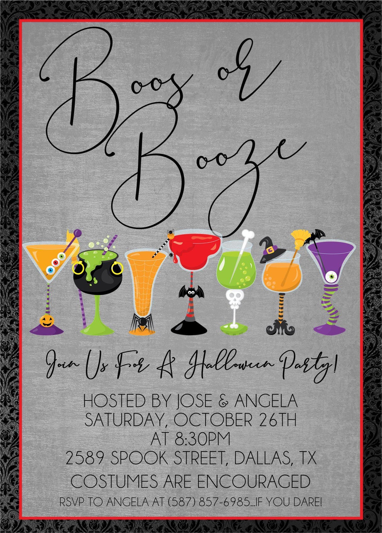 Boo's and Booze Halloween invitation featuring colorful cocktail glasses and festive Halloween accents