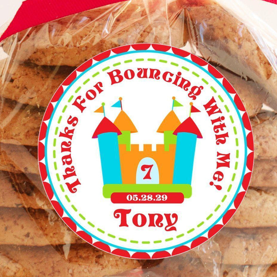 Bounce-themed birthday sticker in red and teal