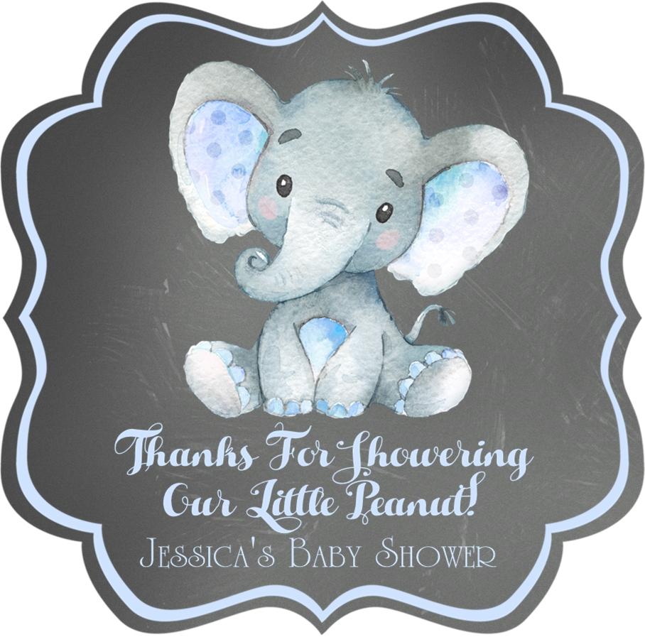 Boy baby shower favor stickers – blue elephant theme