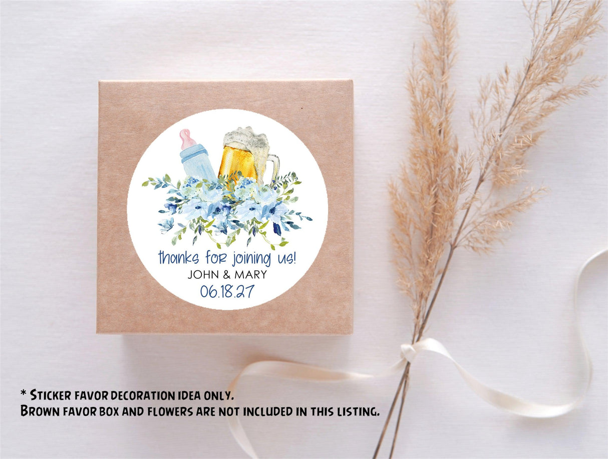 Boy baby shower labels with beer and bottle design