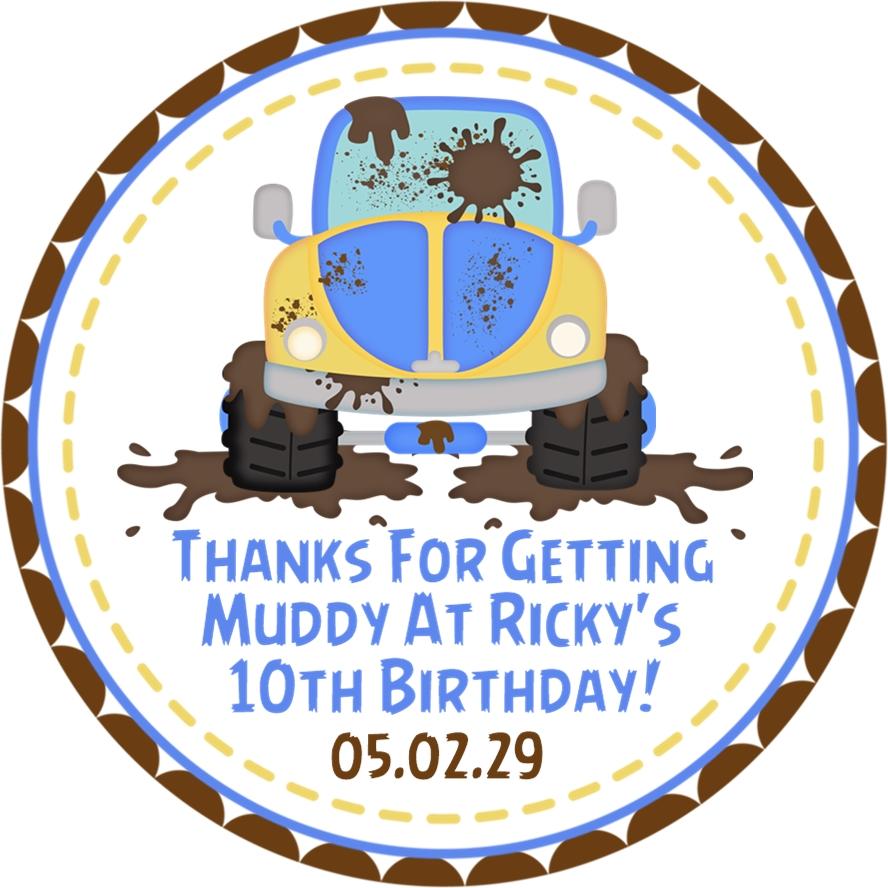 Boy off-road party favor label in blue and brown