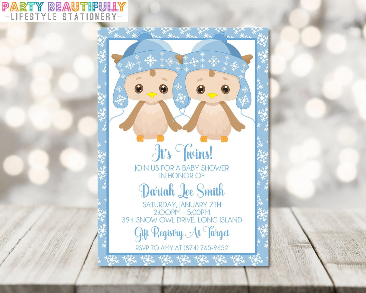 Boy snowflake owl twin baby shower invitation cards cozy seasonal style