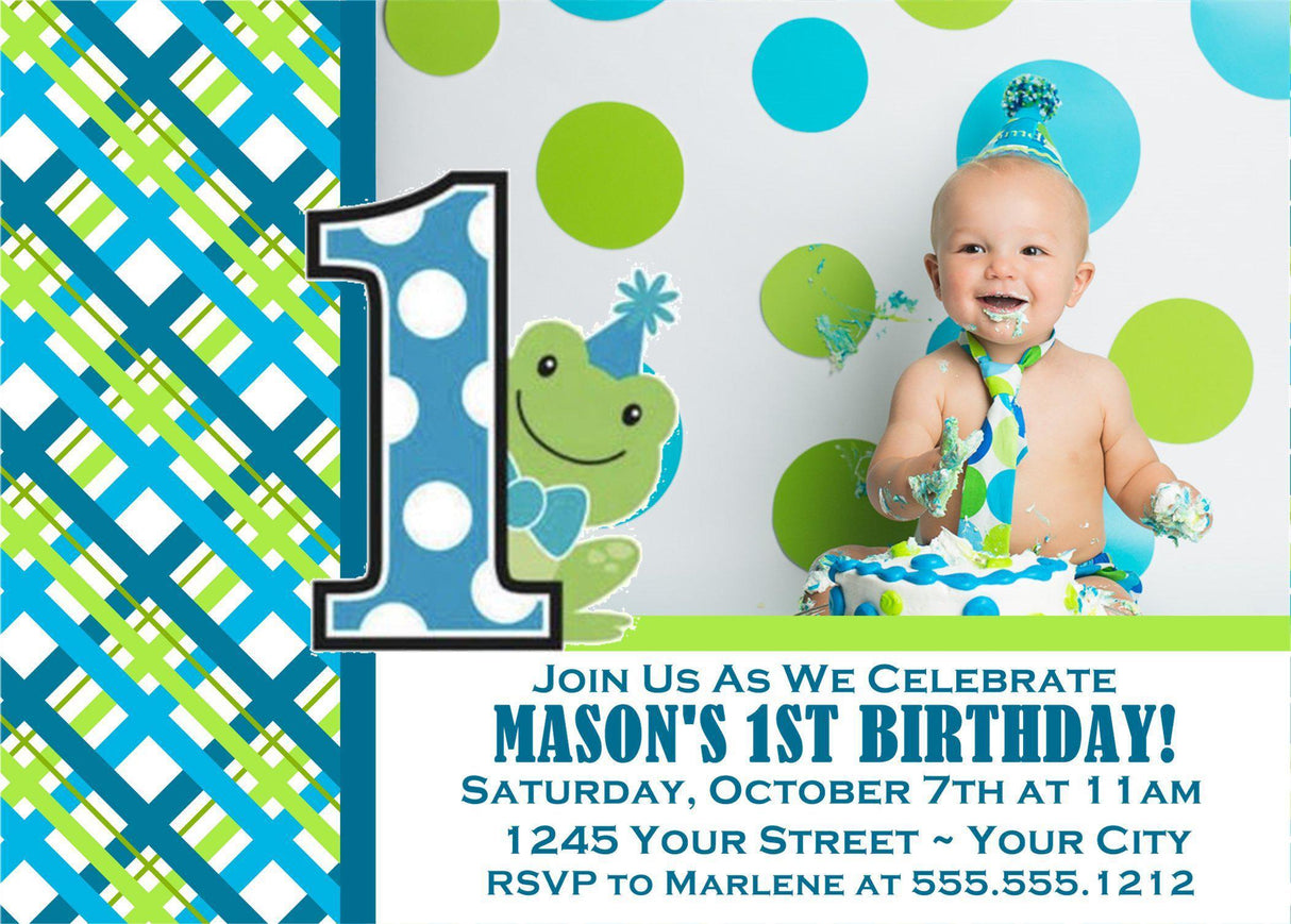 Boys Frog 1st Birthday Party Invitations