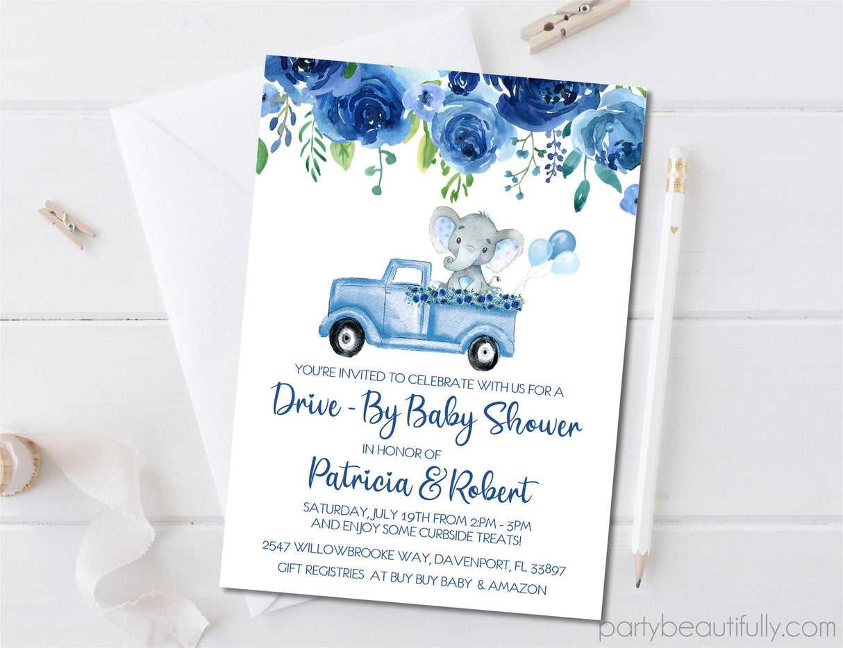 Boys Safari Elephant Drive By Baby Shower Invitations