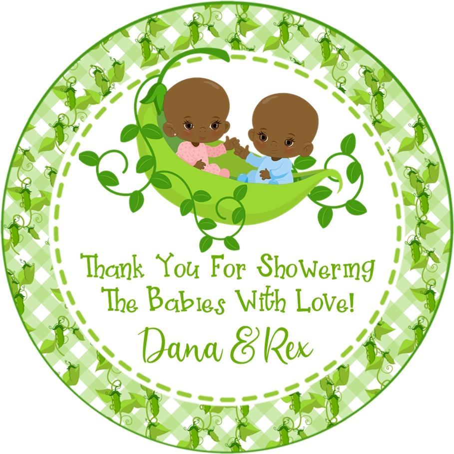 Brown-skinned boy and girl twin pea pod baby shower sticker with green plaid border