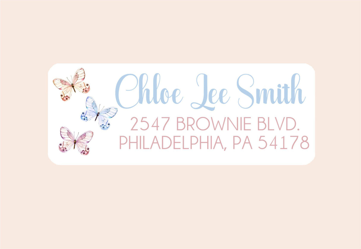 Butterfly address labels with blue and pink butterflies