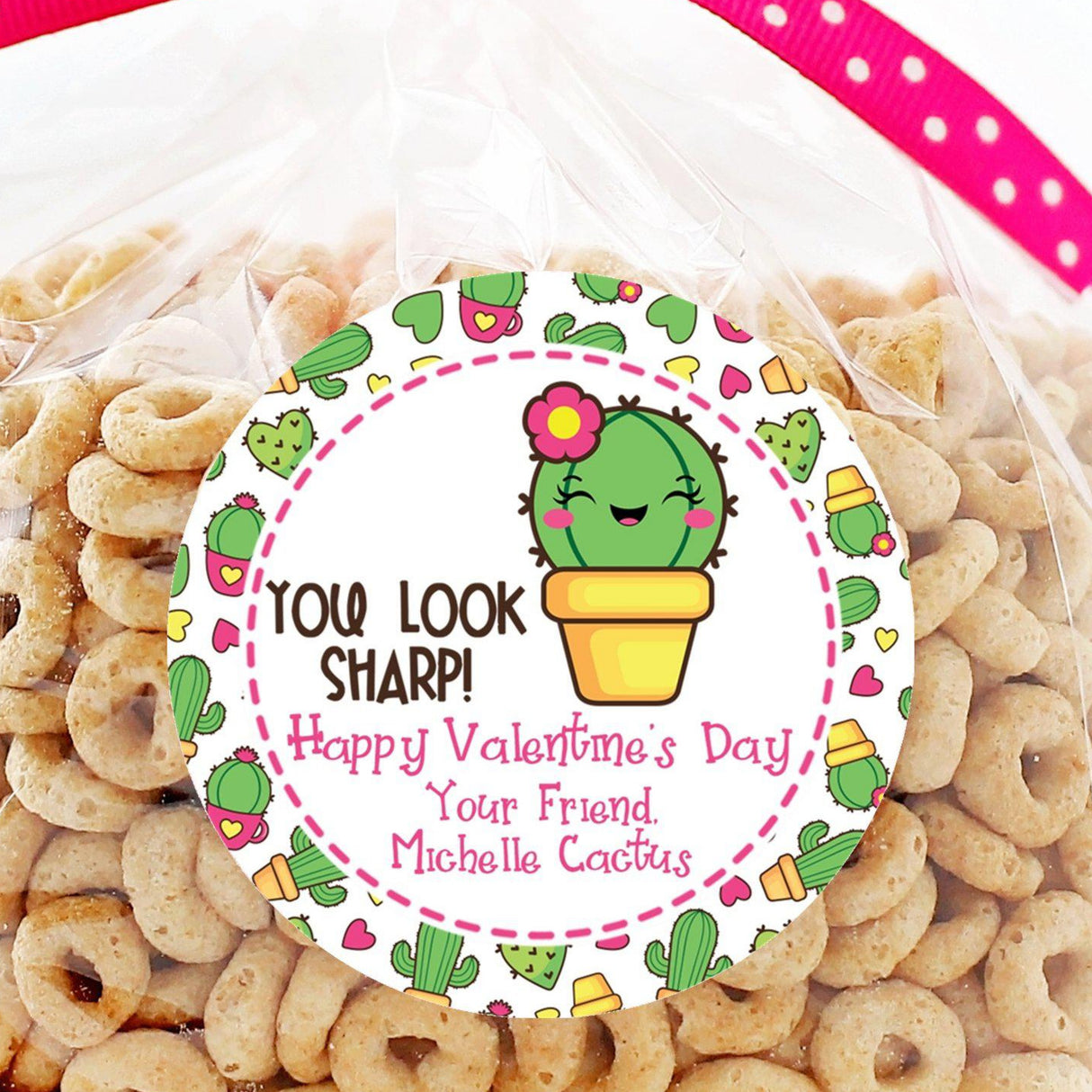 Cactus Valentine sticker with hearts and personalized name