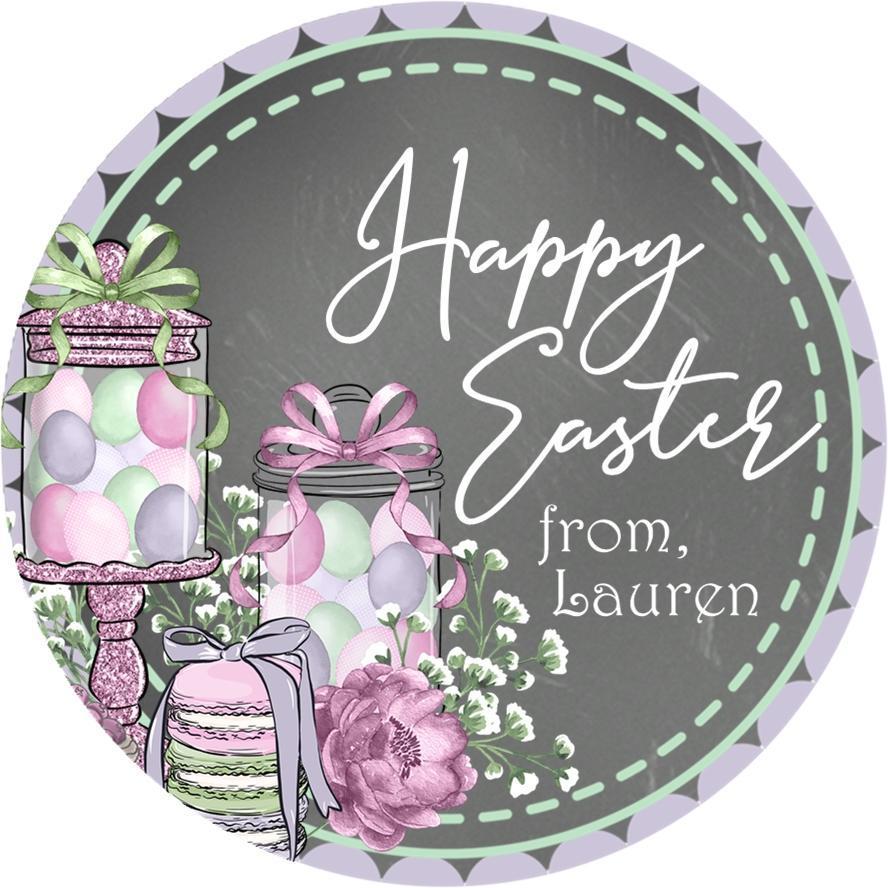 Chalkboard Easter sticker with pastel candy jars and floral accents