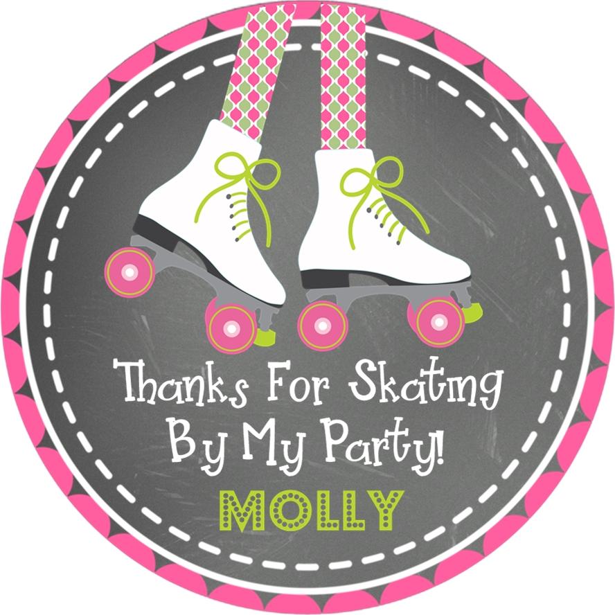Chalkboard roller skating birthday sticker with pink and green skates