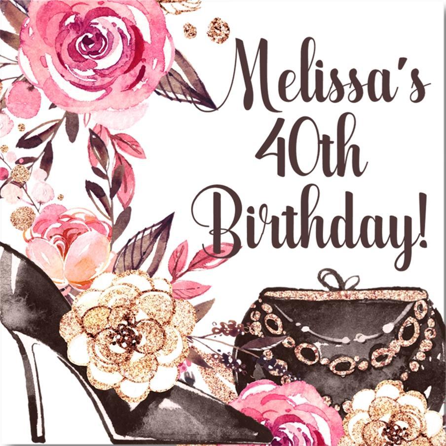 Chic floral birthday favor label with purse and heels