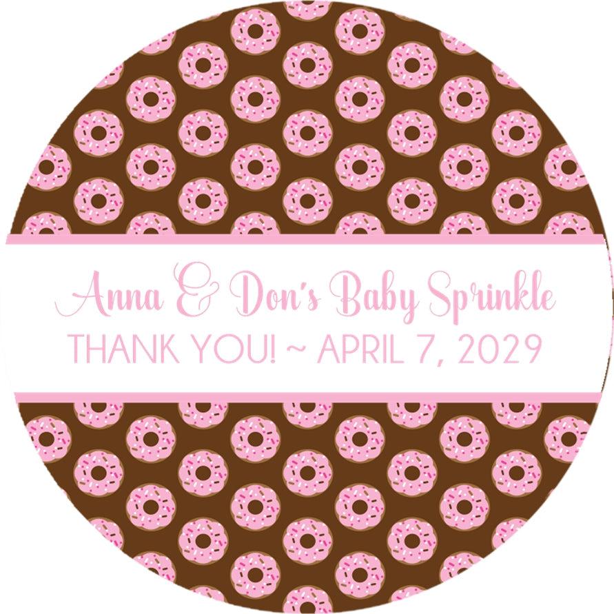Chocolate donut background baby shower favor label