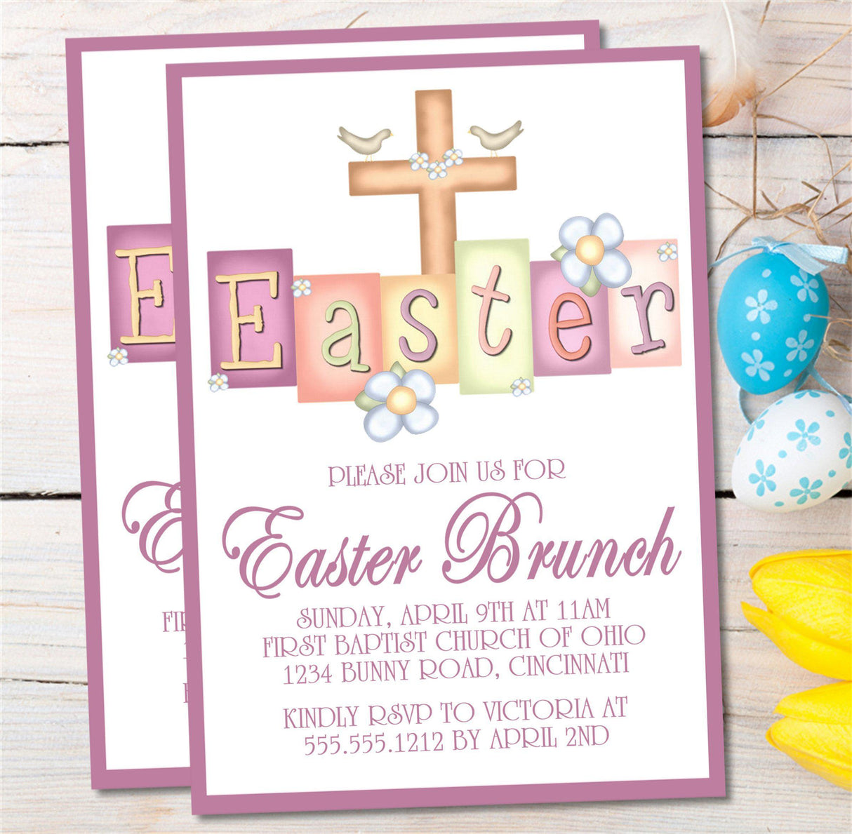 Christian Easter invitation with wooden cross and pastel lettering