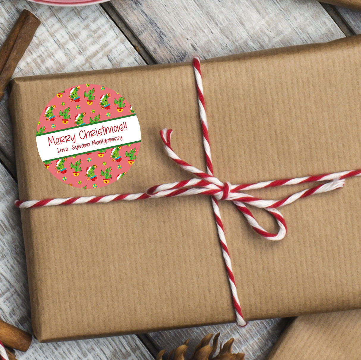 Christmas cactus gift stickers with pink background