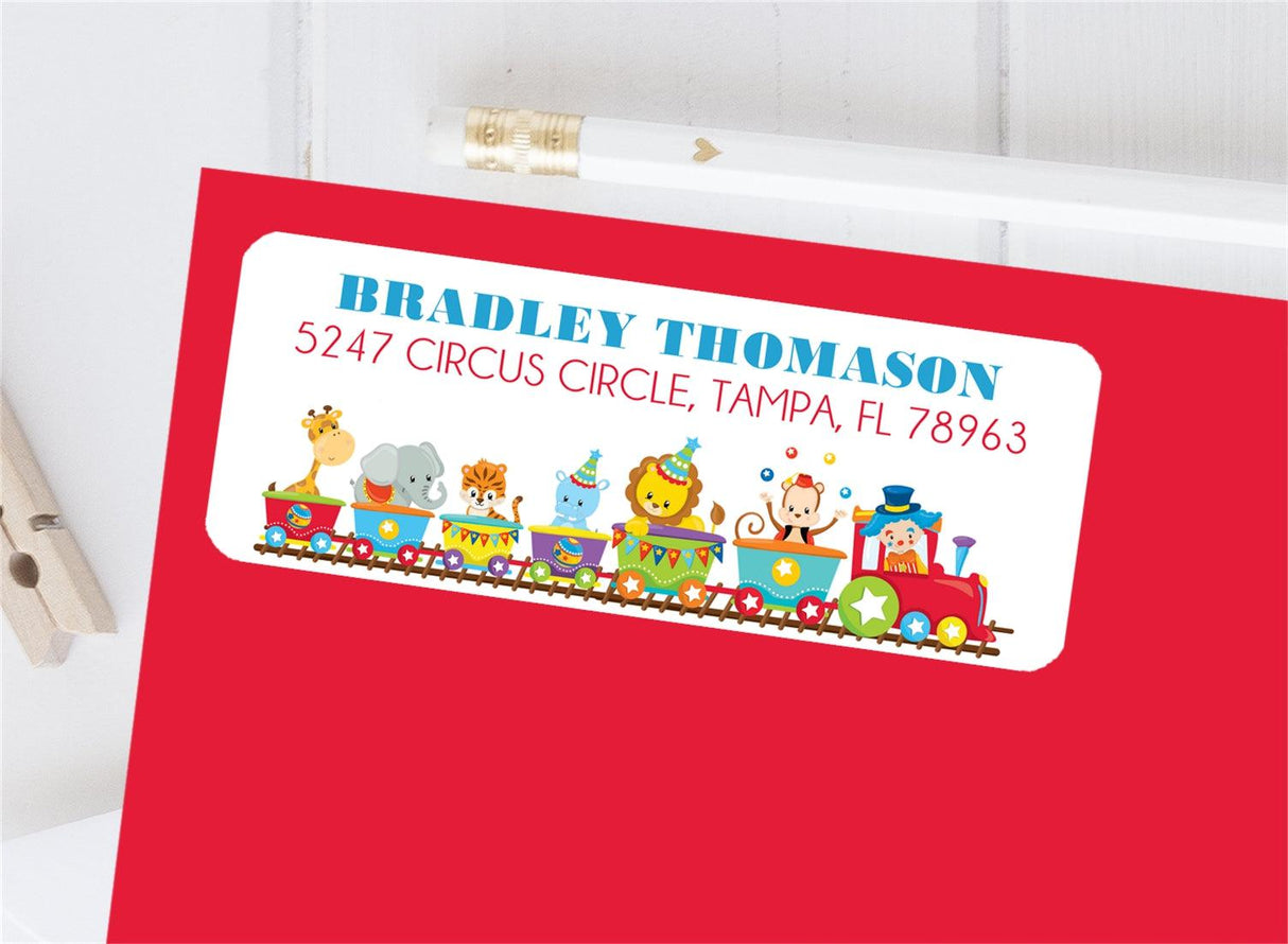 Circus train personalized address labels with animals