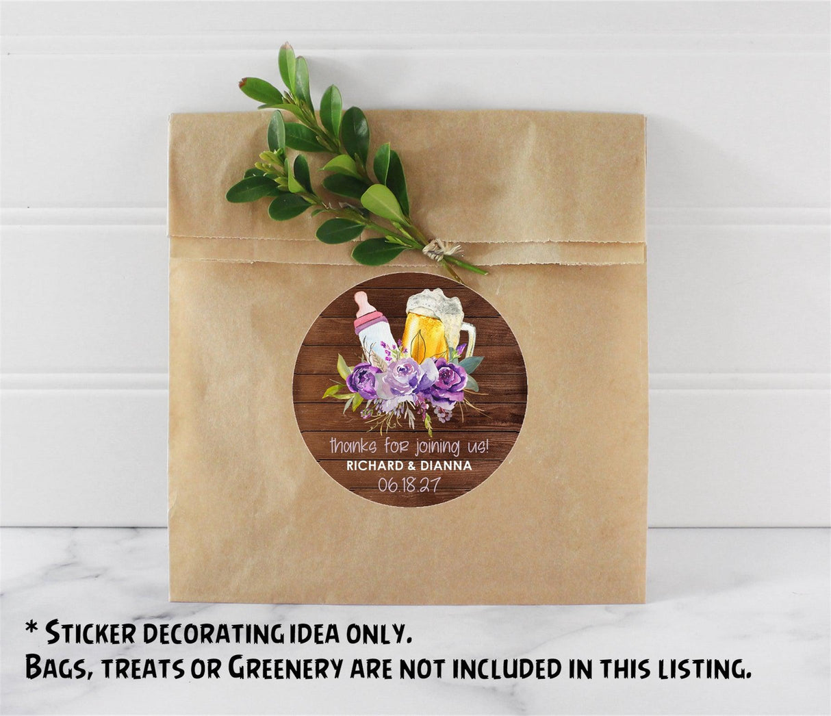 Coed baby shower stickers with beer and baby bottle design