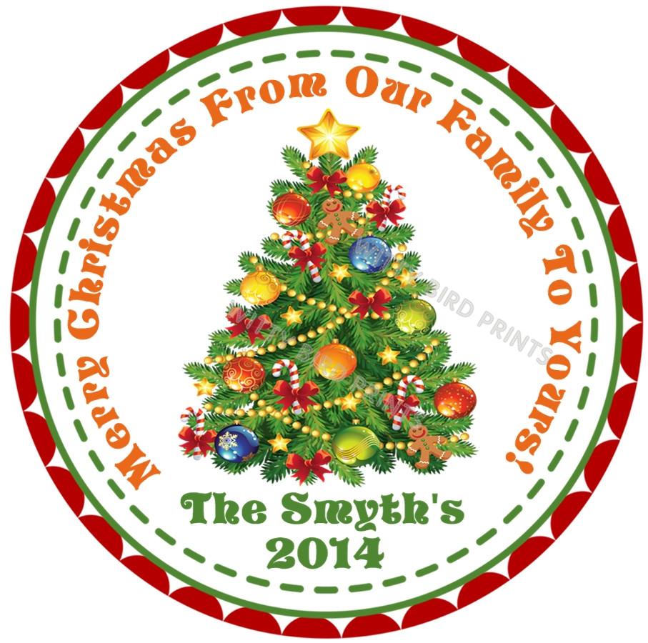 Custom holiday favor label with classic decorated Christmas tree