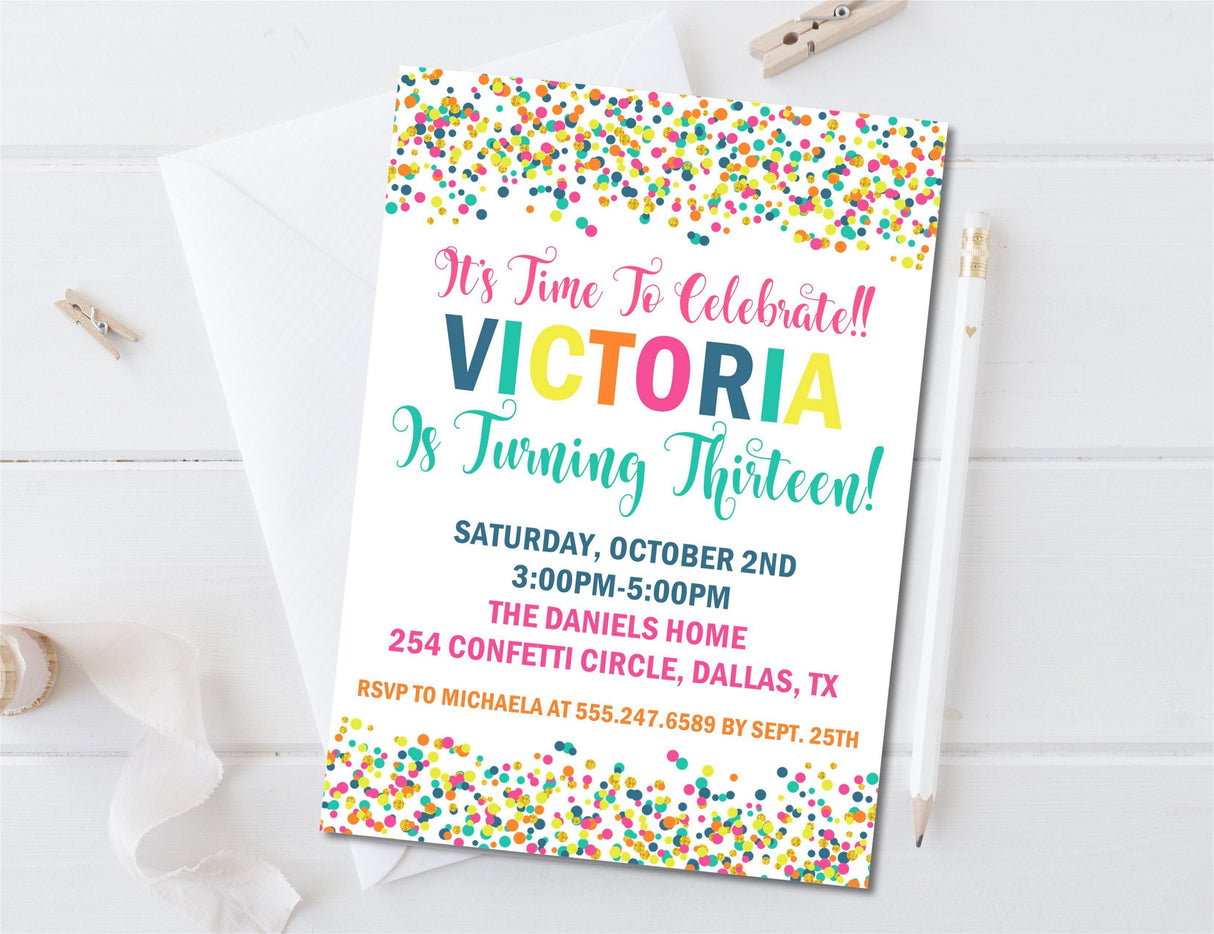 Colorful Confetti Birthday Party Invitations