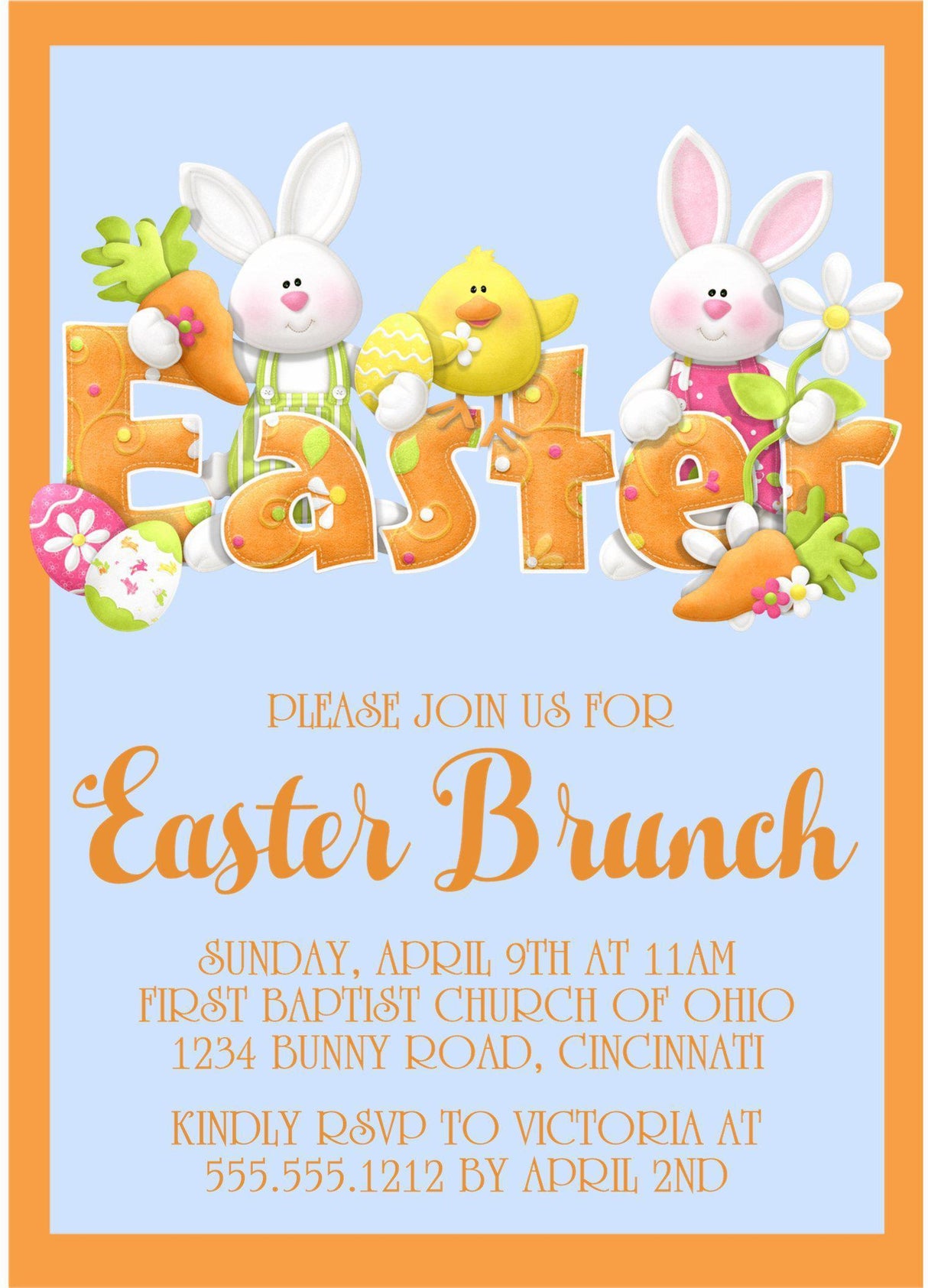 Colorful Easter brunch invitation with playful spring characters