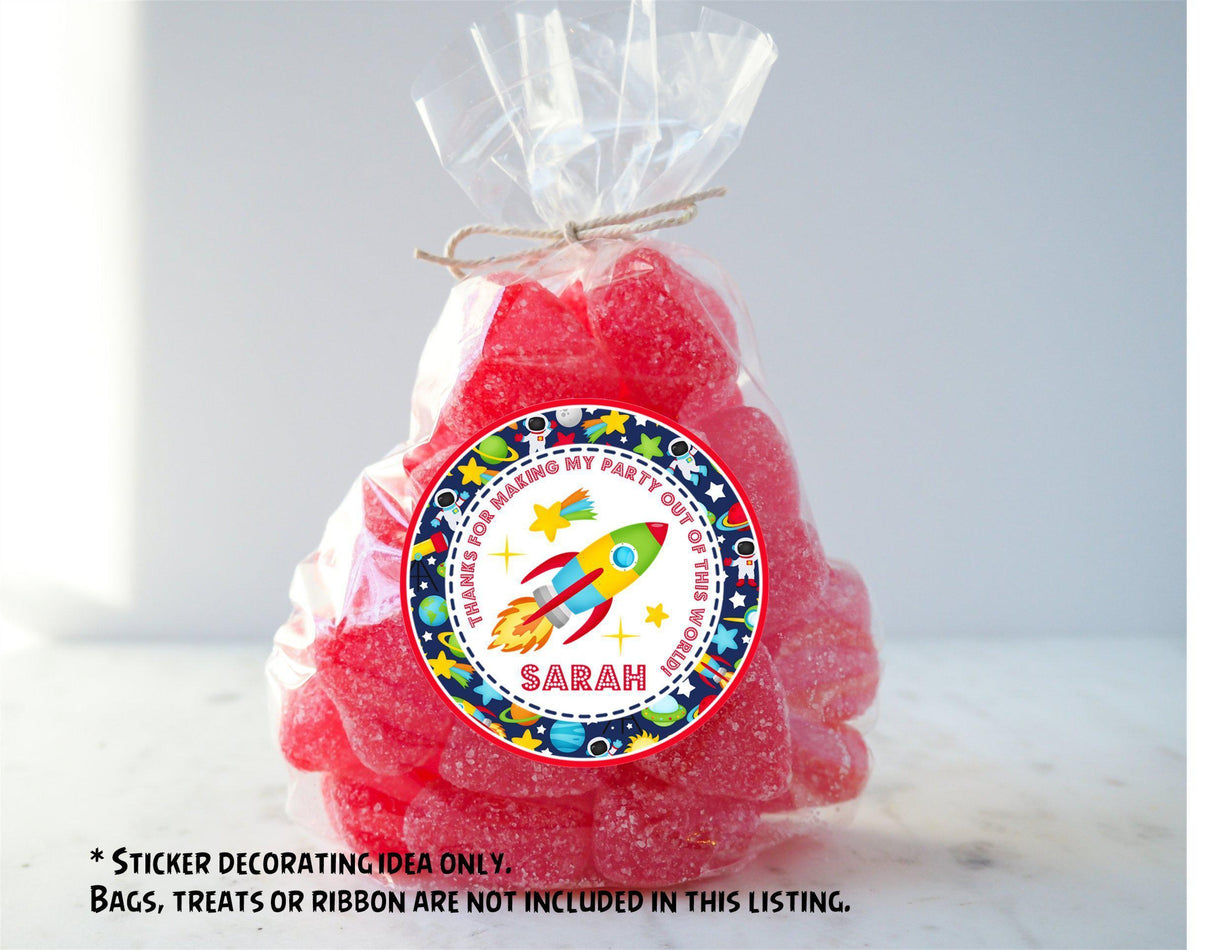Colorful outer space birthday sticker with rocket