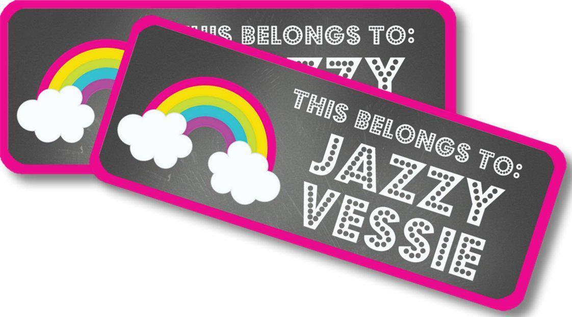 Colorful rainbow school supply label with chalkboard background