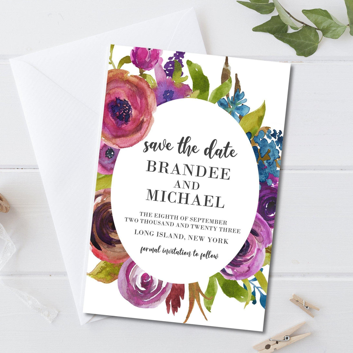 Colorful watercolor floral wedding save the dates botanical design