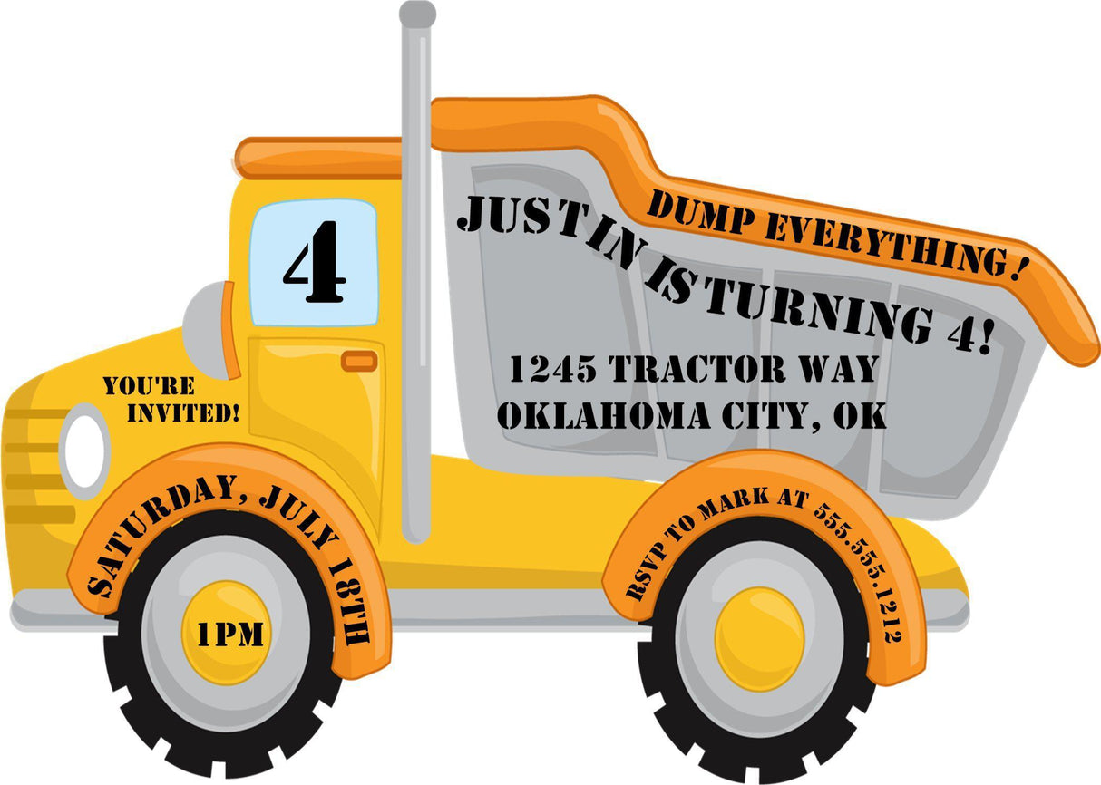 Construction Dump Truck Birthday Party Invitations