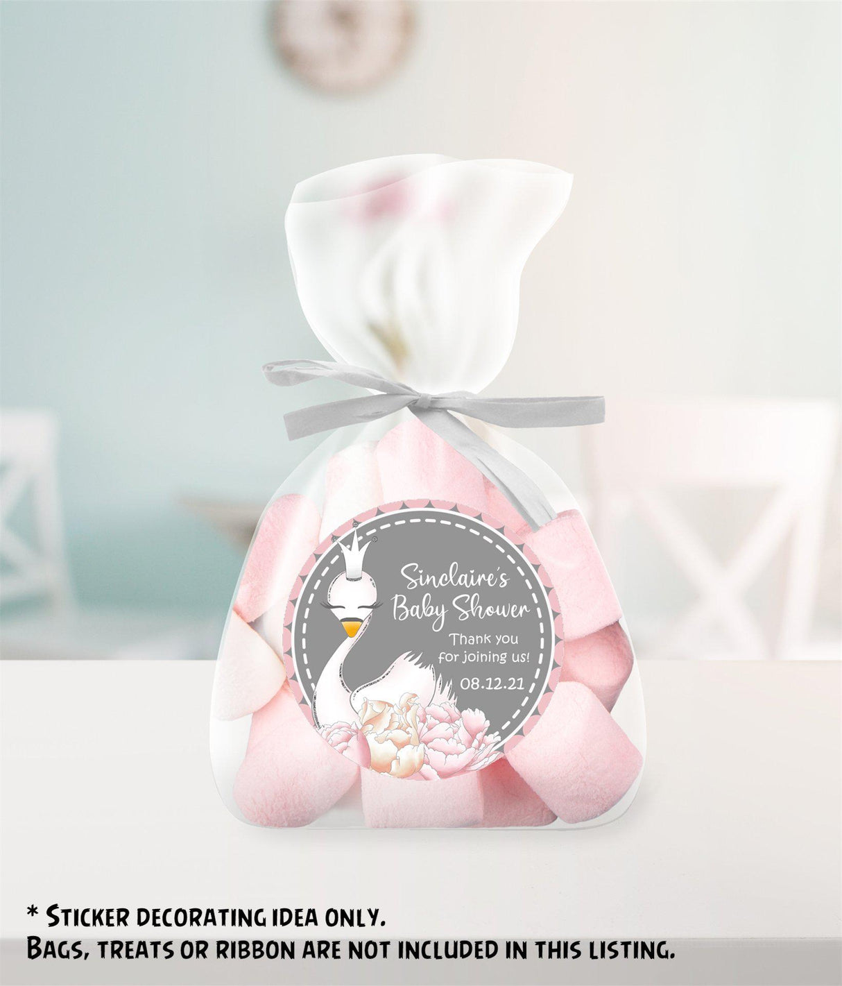 Crowned swan with flowers baby shower label