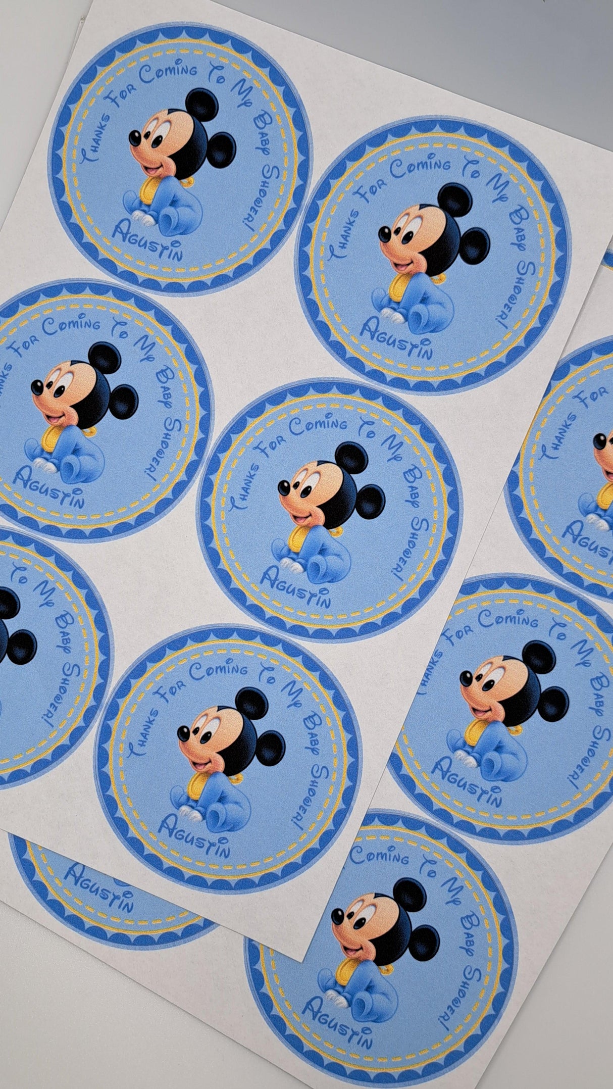 Custom Mickey Mouse baby shower sticker in blue theme