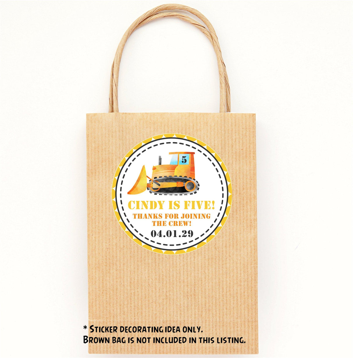 Custom construction party favor sticker featuring watercolor bulldozer